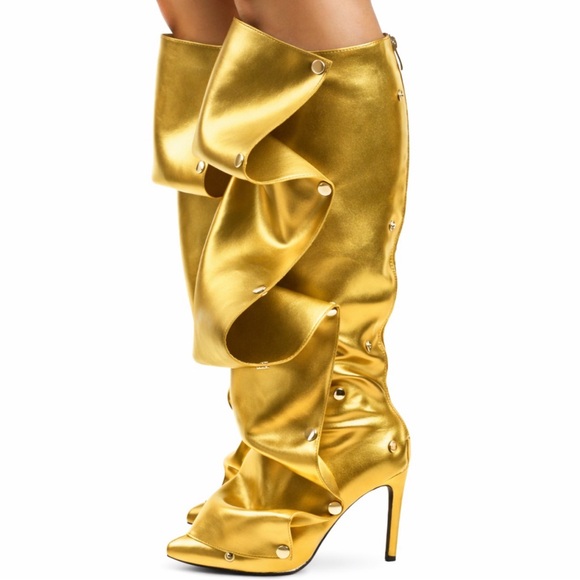 Liliana Shoes - Liliana Metallic Gold Ruffle Knee-High Heeled Boots